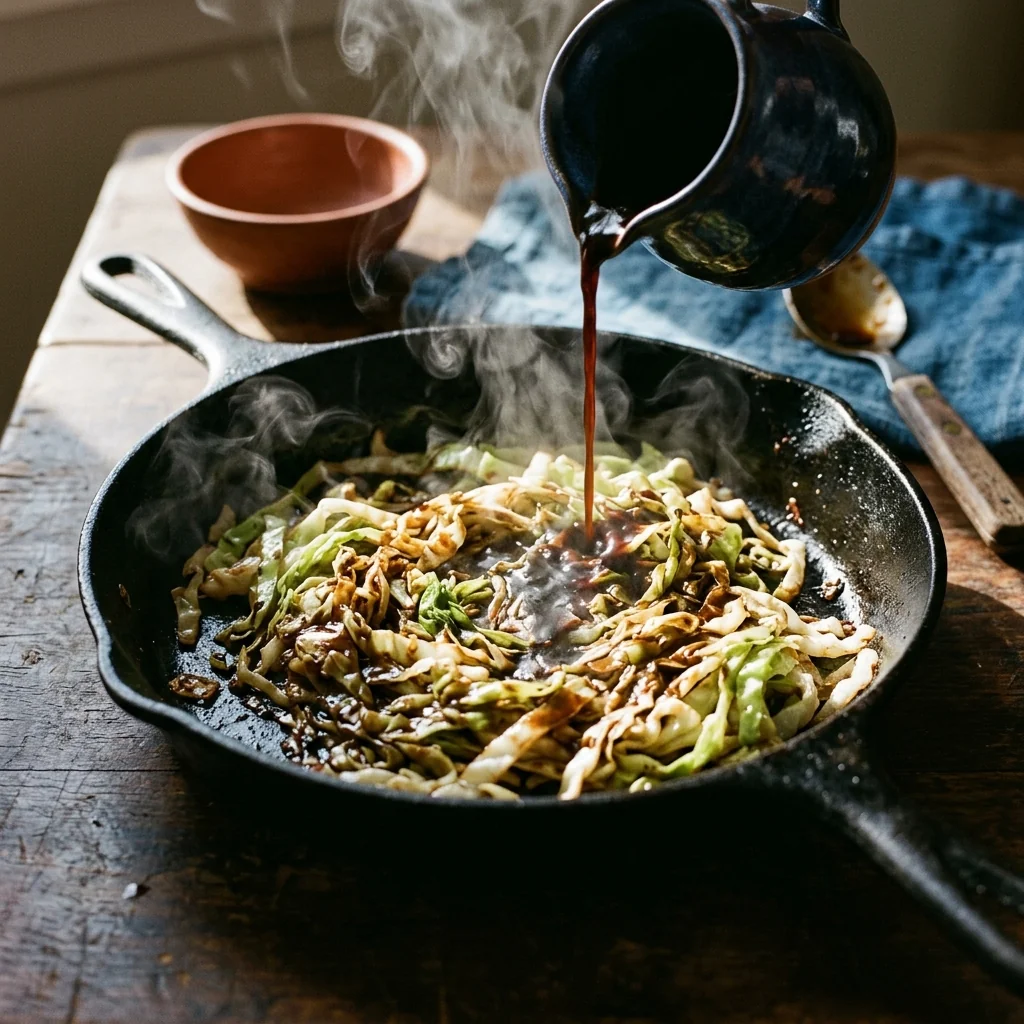 Dunkle Sauce wird über den Chinakohl gegossen, leichtes Aufdampfen, glänzende Soßenbildung.