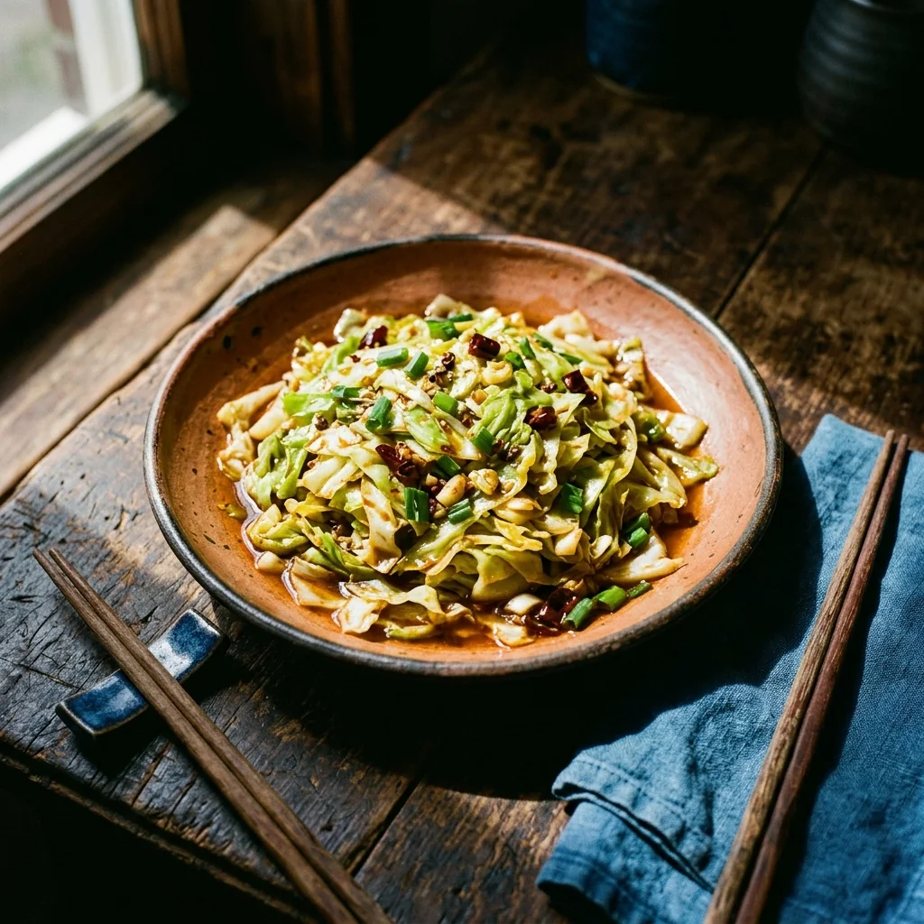 Fertiger Suanla Baicai in einer flachen Schüssel, glänzend, mit Frühlingszwiebel und Sesamöl.
