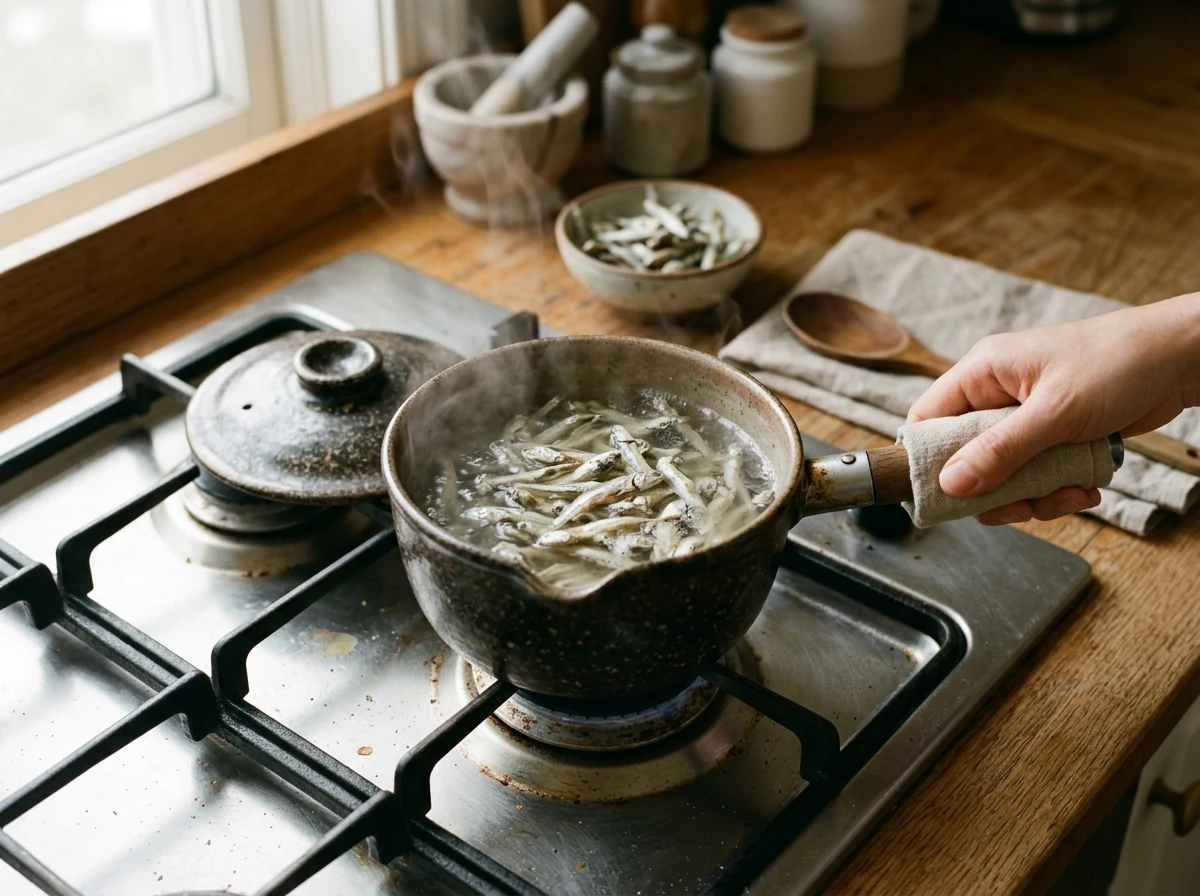 Getrocknete koreanische Sardellen ziehen in einem Topf mit Wasser, leichter Dampf steigt auf.