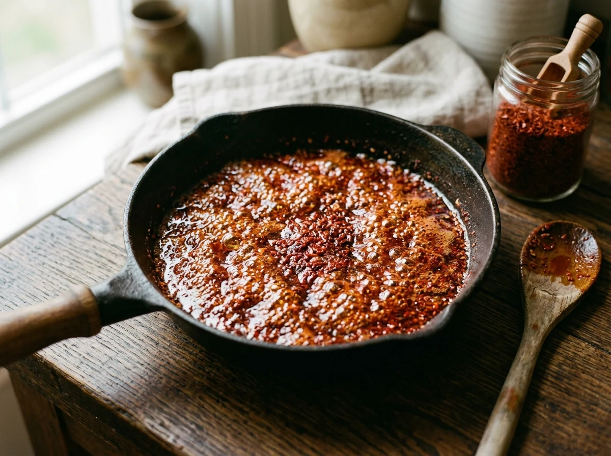Gochugaru-Flocken schäumen leise im heißen Öl, das Öl färbt sich tief ziegelrot.