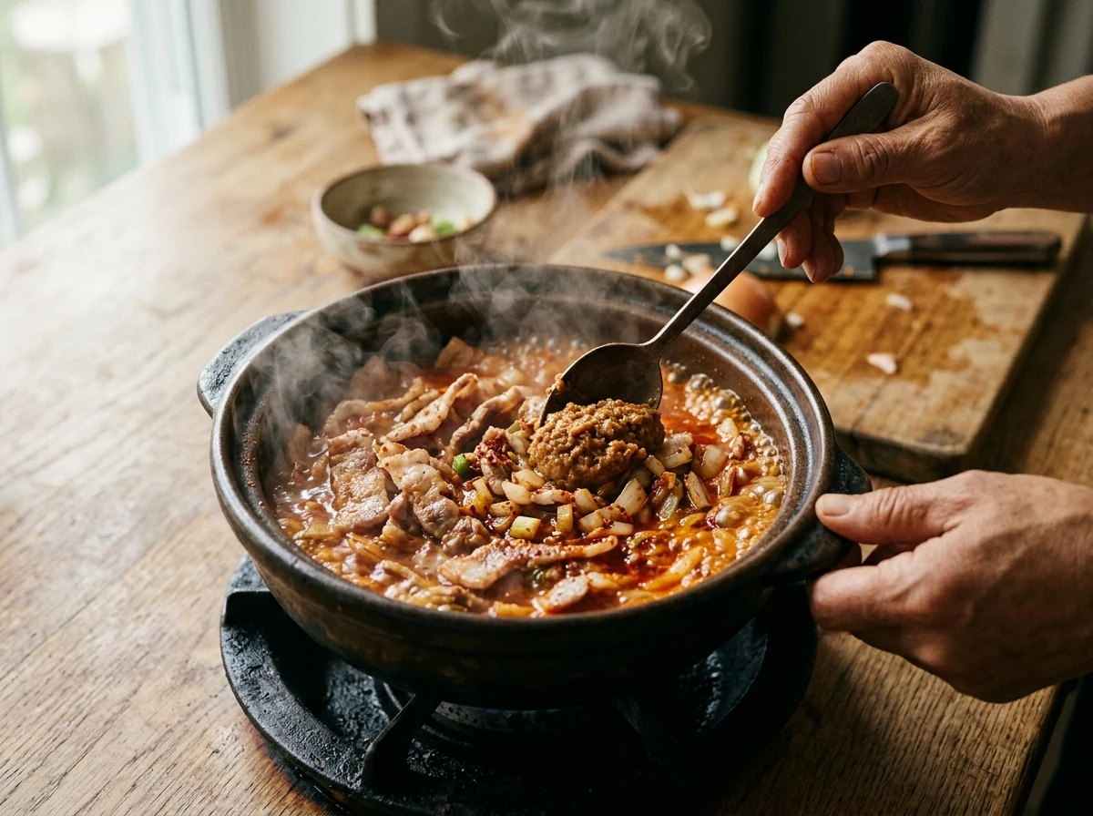 Zwiebelwürfel und Schweinebauchstreifen brutzeln im roten Gochugaru-Öl, Doenjang wird eingerührt.