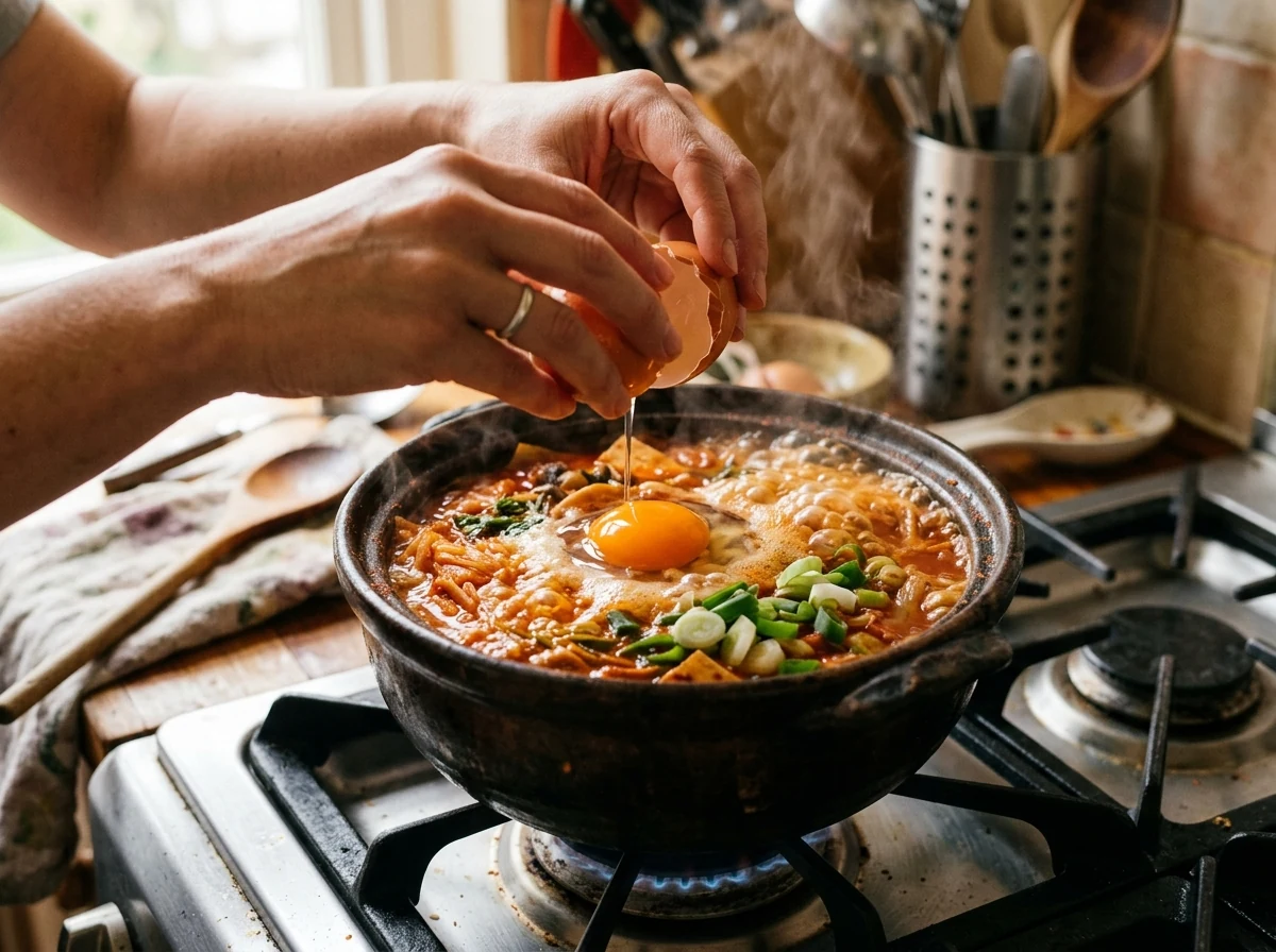 Rohes Ei wird zentral in die brodelnde rote Brühe geschlagen, Frühlingszwiebelringe obenauf, Dampf steigt.