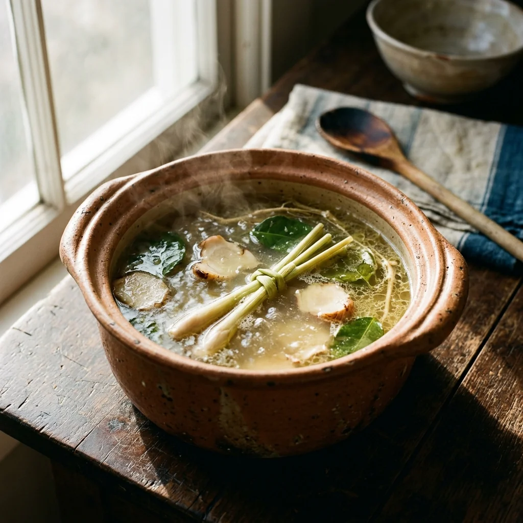 Sanft simmernde helle Hähnchenbrühe mit Galgant-Scheiben, Zitronengras-Stangen und Limettenblättern.