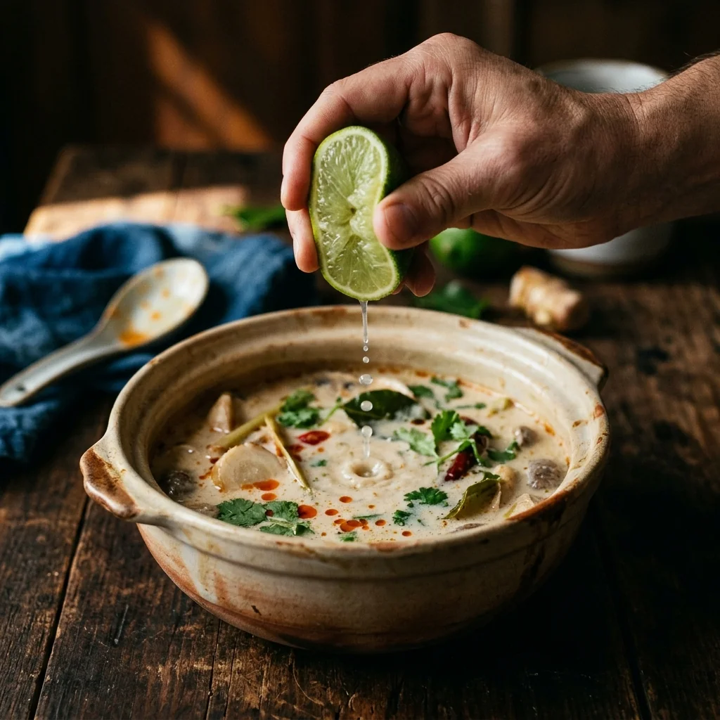 Frisch gepresster Limettensaft wird in die fertige Tom-Kha-Suppe geträufelt, die Pfanne ist nicht mehr auf dem Herd.
