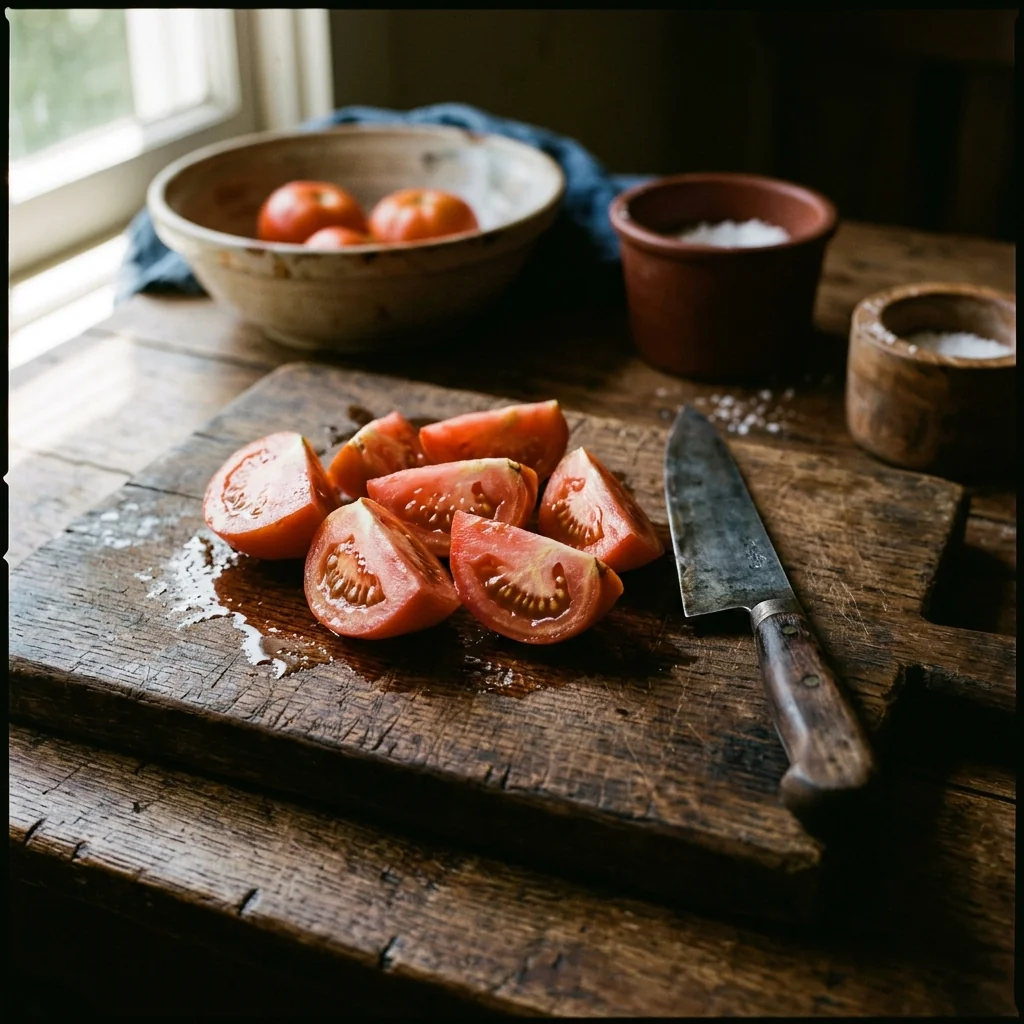 Tomatenachtel auf einem Holzbrett, Saft sammelt sich darunter.