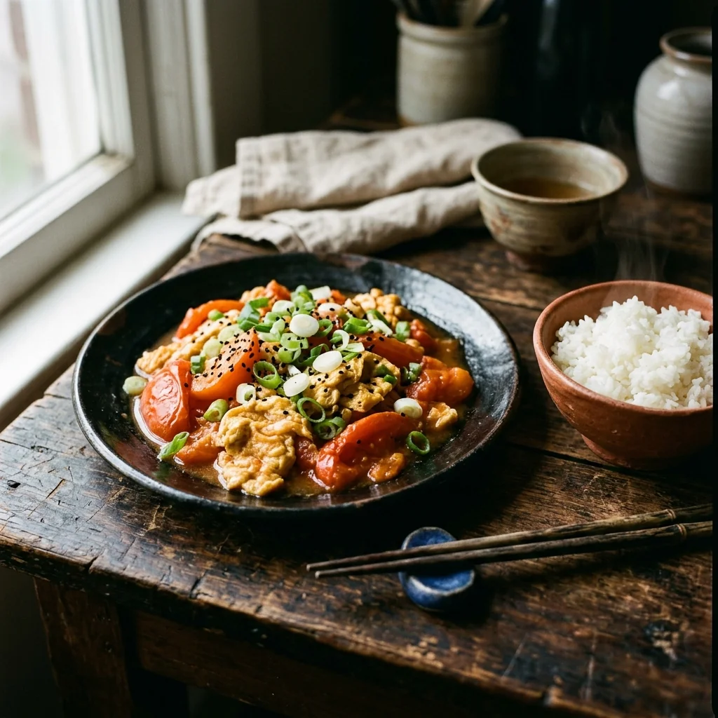 Tomatenrührei in einer flachen Schüssel, Frühlingszwiebel obenauf, daneben weißer Reis.