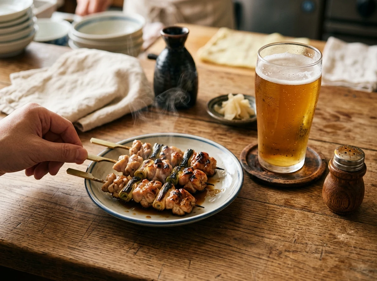 Yakitori-Spieße neben einem Bierglas, dampfend heiß, mit Shichimi-Togarashi-Streuer im Hintergrund.