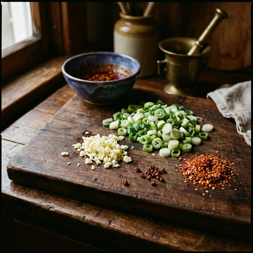 Gehackter Knoblauch, grob geschnittene Frühlingszwiebel und Chiliflocken auf einem Holzbrett.