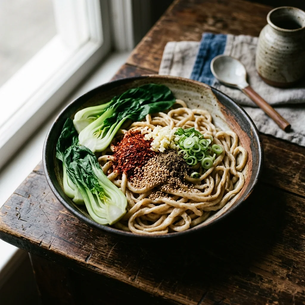 Nudelschüssel mit zentral aufgetürmten Chiliflocken, Knoblauch und Sichuan-Pfeffer.