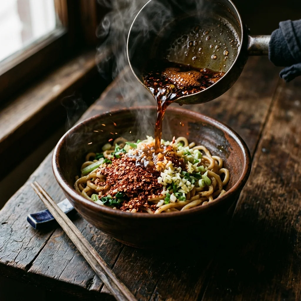 Heißes Öl wird über den Aromaten-Hügel gegossen, dampfen und Knistern sind sichtbar.