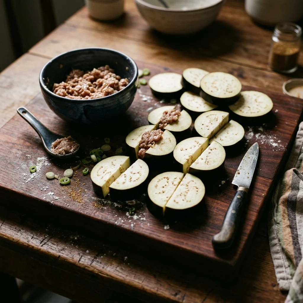Asiatische Aubergine in Sandwich-Scheiben, jede zweite Scheibe ist eingeschnitten zur Tasche.