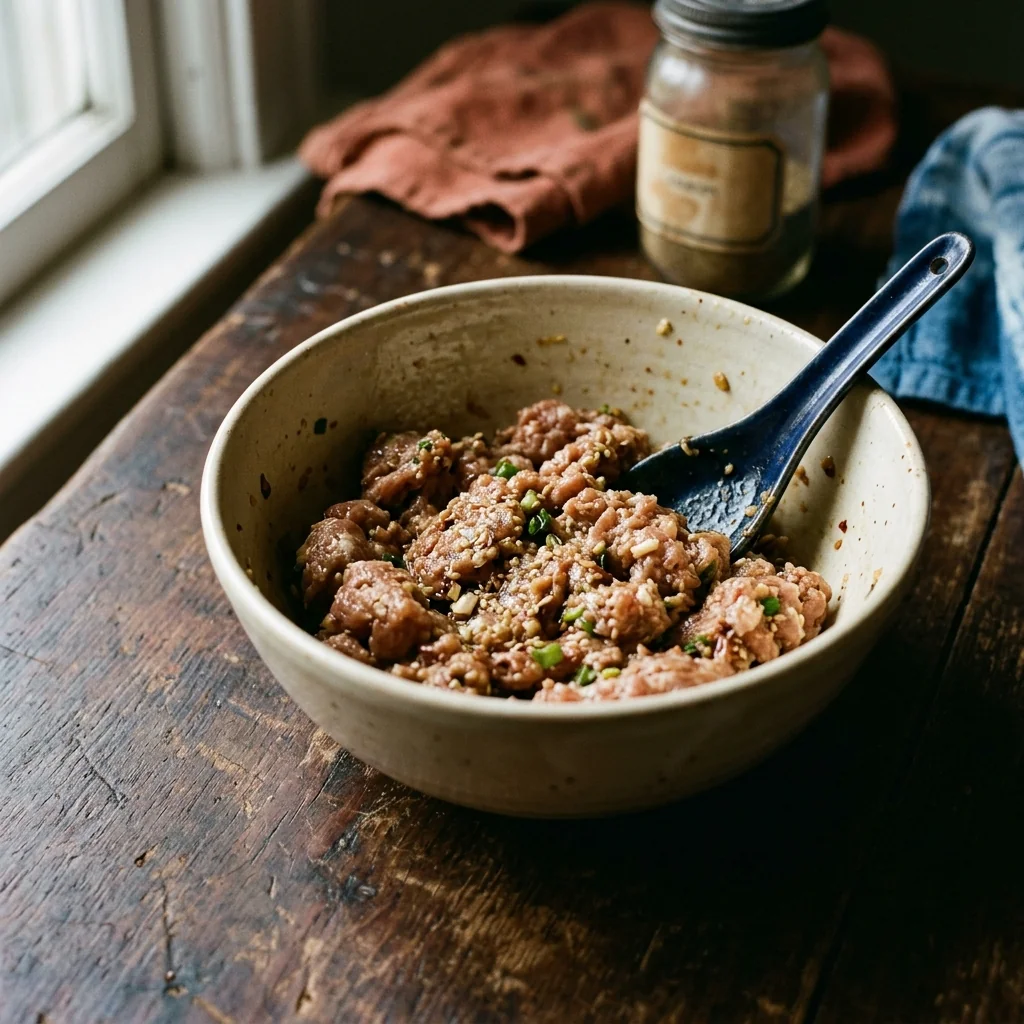 Schweinehackfüllung mit Aromaten in einer Glasschüssel, leicht klebrig vermengt.