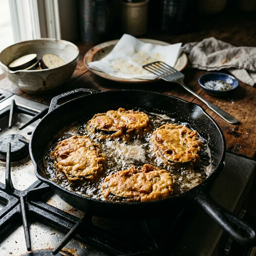 Auberginen-Sandwich frittiert goldbraun in heißem Öl, gleichmäßige Bläschen.