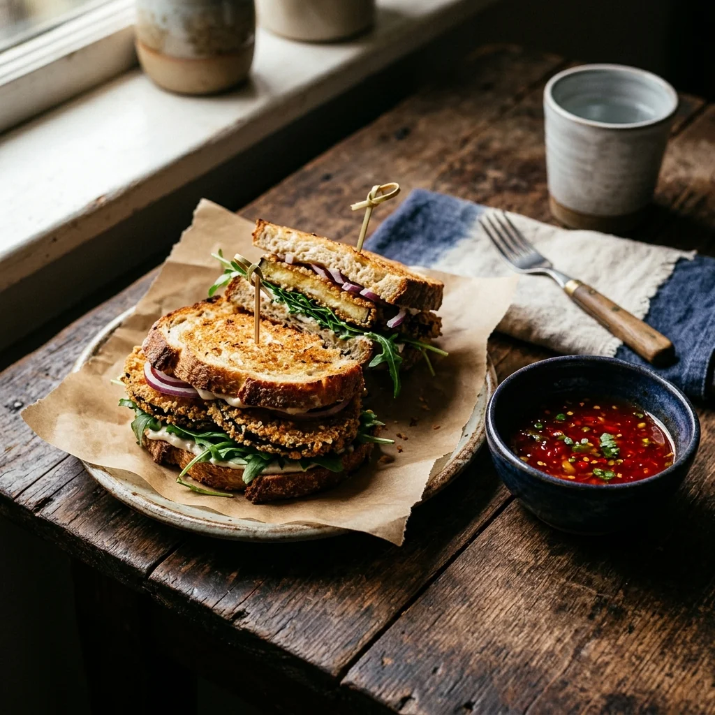 Frittierte Auberginen-Sandwiches auf einer Schüssel mit Küchenpapier, daneben süß-saure Dipsoße.